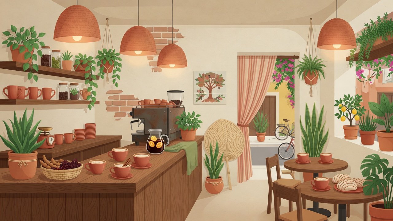 Ilustración del ambiente cálido del café Shakerato