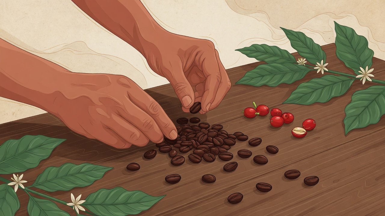 Ilustración de manos seleccionando granos de café de especialidad
