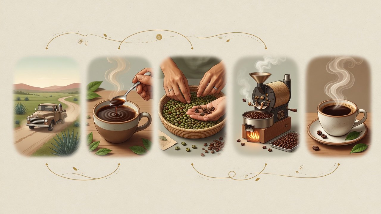 Ilustración del viaje: camino, cata, selección, tueste y taza