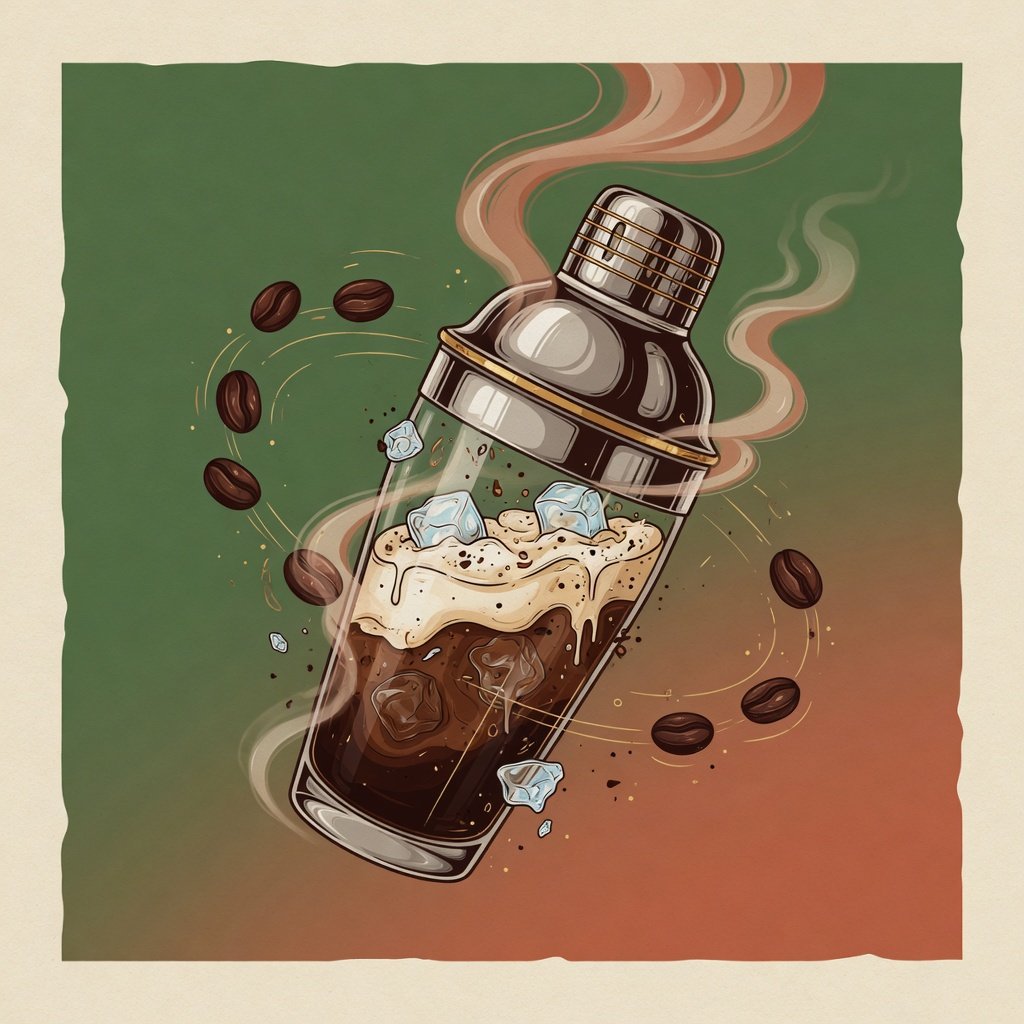 Ilustración del ritual shakerato con coctelera y espresso